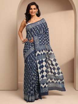 Libas - Blue Cotton Blend Floral Saree with Unstitched Blouse Piece