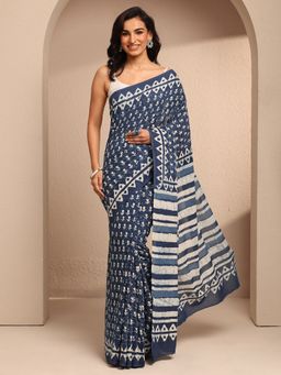 Libas - Blue Cotton Blend Floral Saree with Unstitched Blouse Piece