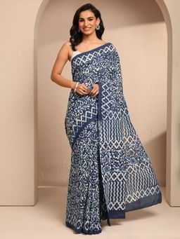 Libas - Blue Cotton Blend Floral Saree with Unstitched Blouse Piece