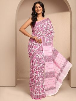 Libas - White Cotton Blend Floral Saree with Unstitched Blouse Piece