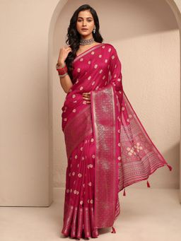 Libas - Red Silk Blend Printed Saree with Unstitched Blouse Piece