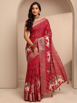 Libas - Red Silk Blend Woven Saree with Unstitched Blouse Piece