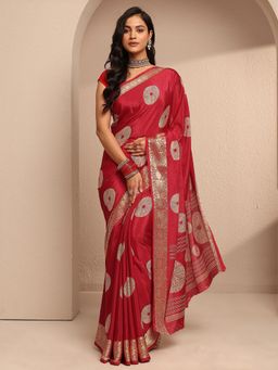 Libas - Red Silk Blend Printed Saree with Unstitched Blouse Piece
