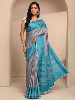 Libas - Grey Silk Blend Printed Saree with Unstitched Blouse Piece