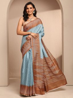 Libas - Blue Silk Blend Printed Saree with Unstitched Blouse Piece