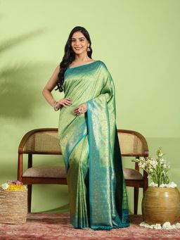 MEENA BAZAAR - Green Art Silk Woven Saree with Unstitched Blouse Piece