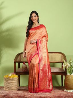 MEENA BAZAAR - Peach Art Silk Woven Saree with Unstitched Blouse Piece