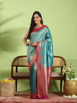 MEENA BAZAAR - Teal Art Silk Woven Saree with Unstitched Blouse Piece