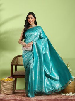 MEENA BAZAAR - Aqua Art Silk Woven Saree with Unstitched Blouse Piece