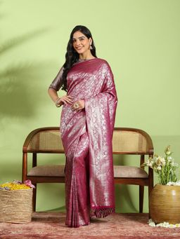 MEENA BAZAAR - Magenta Art Silk Woven Saree with Unstitched Blouse Piece