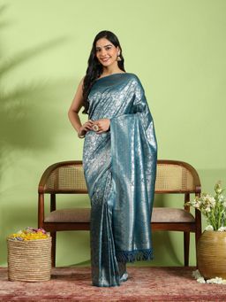 MEENA BAZAAR - Aqua Art Silk Woven Saree with Unstitched Blouse Piece