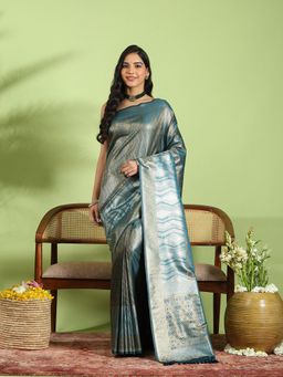 MEENA BAZAAR - Blue Art Silk Woven Saree with Unstitched Blouse Piece