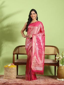 MEENA BAZAAR - Pink Art Silk Woven Saree with Unstitched Blouse Piece