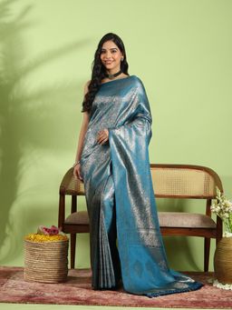 MEENA BAZAAR - Aqua Art Silk Woven Saree with Unstitched Blouse Piece