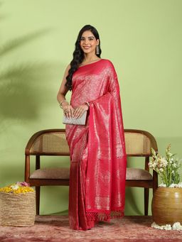 MEENA BAZAAR - Pink Art Silk Woven Saree with Unstitched Blouse Piece