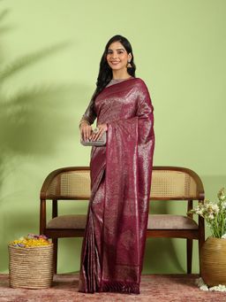 MEENA BAZAAR - Wine Art Silk Woven Saree with Unstitched Blouse Piece