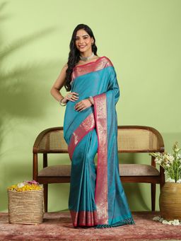 MEENA BAZAAR - Aqua Art Silk Woven Saree with Unstitched Blouse Piece