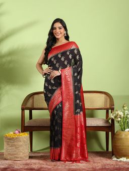 MEENA BAZAAR - Black Crepe Woven Saree with Unstitched Blouse Piece