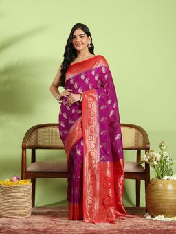 MEENA BAZAAR - Purple Crepe Woven Saree with Unstitched Blouse Piece