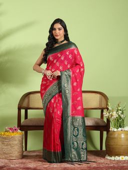 MEENA BAZAAR - Pink Crepe Woven Saree with Unstitched Blouse Piece