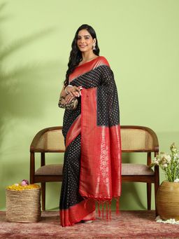 MEENA BAZAAR - Black Crepe Woven Saree with Unstitched Blouse Piece