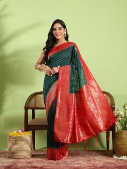 MEENA BAZAAR - Green Crepe Woven Saree with Unstitched Blouse Piece