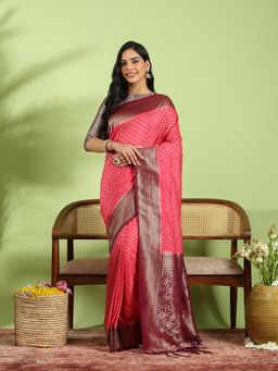 MEENA BAZAAR - Pink Crepe Woven Saree with Unstitched Blouse Piece