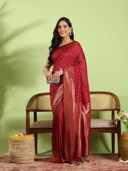 MEENA BAZAAR - Maroon Crepe Woven Saree with Unstitched Blouse Piece