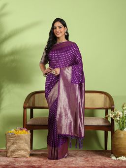 MEENA BAZAAR - Purple Crepe Woven Saree with Unstitched Blouse Piece