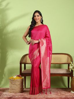 MEENA BAZAAR - Pink Crepe Woven Saree with Unstitched Blouse Piece