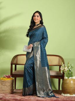 MEENA BAZAAR - Blue Crepe Woven Saree with Unstitched Blouse Piece
