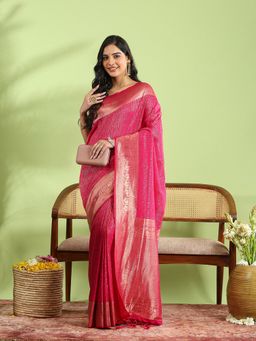 MEENA BAZAAR - Pink Crepe Woven Saree with Unstitched Blouse Piece