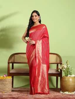 MEENA BAZAAR - Red Crepe Woven Saree with Unstitched Blouse Piece