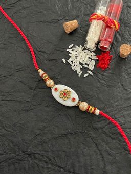 Digital Dress Room - Kundan Designer Rakhi Flower Designs S & Golden Stone Red Thread Rakhi