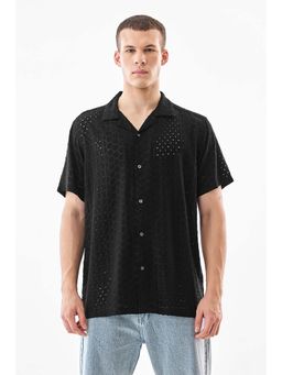 Snitch - Black Self-Design Half Sleeves Boxy Casual Shirt for Men