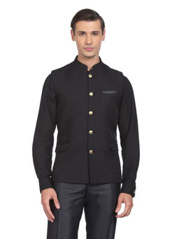 AD By Arvind - Men Black Textured Tailored Regular Fit Nehru Jacket