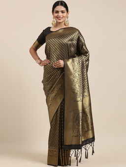 Akhilam - Black Festive Silk Blend Woven Design Saree With Unstitched Blouse