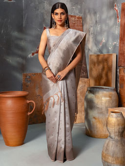 Soch - Womens Silver Tussar Woven Design Tassels Saree with Unstitched Blouse