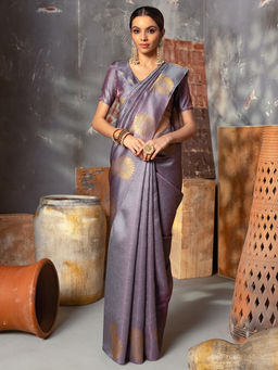 Soch - Womens Purple Tussar Woven Design Tassels Saree with Unstitched Blouse