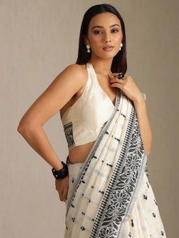Soch - White and Black Tussar Woven Design Tassel Saree with Unstitched Blouse