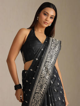 Soch - Black and White Tussar Woven Design Tassel Saree with Unstitched Blouse