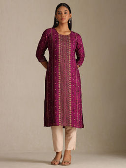 Soch - Women Teal Dola Silk Botanical Print Kurta with Mirror & Stone