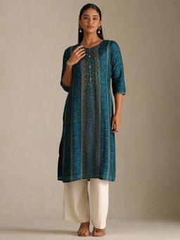 Soch - Women Purple Dola Silk Botanical Print Kurta with Beads