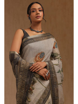 Soch - Womens Grey Linen Leheriya Print Saree with Unstitched Blouse