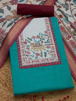 Soch - Womens Teal Green Vatican Silk Botanical Unstiched Dress Material with Zari