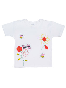 Blumbuds - White Girls Embroidered Cotton T-shirt