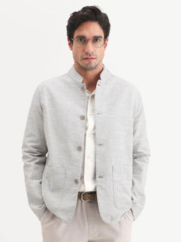 Rare Rabbit - Grey Linen Blend Striped Mandarin Collar Jacket