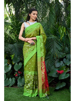 Beatitude - Green Handloom Cotton Silk Saree with Unstitched Blouse