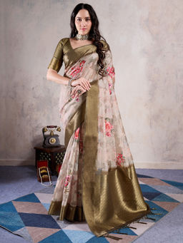 Sareemall - Beige Organza Woven Saree with Unstitched Blouse