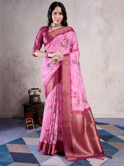 Sareemall - Pink Organza Woven Saree with Unstitched Blouse